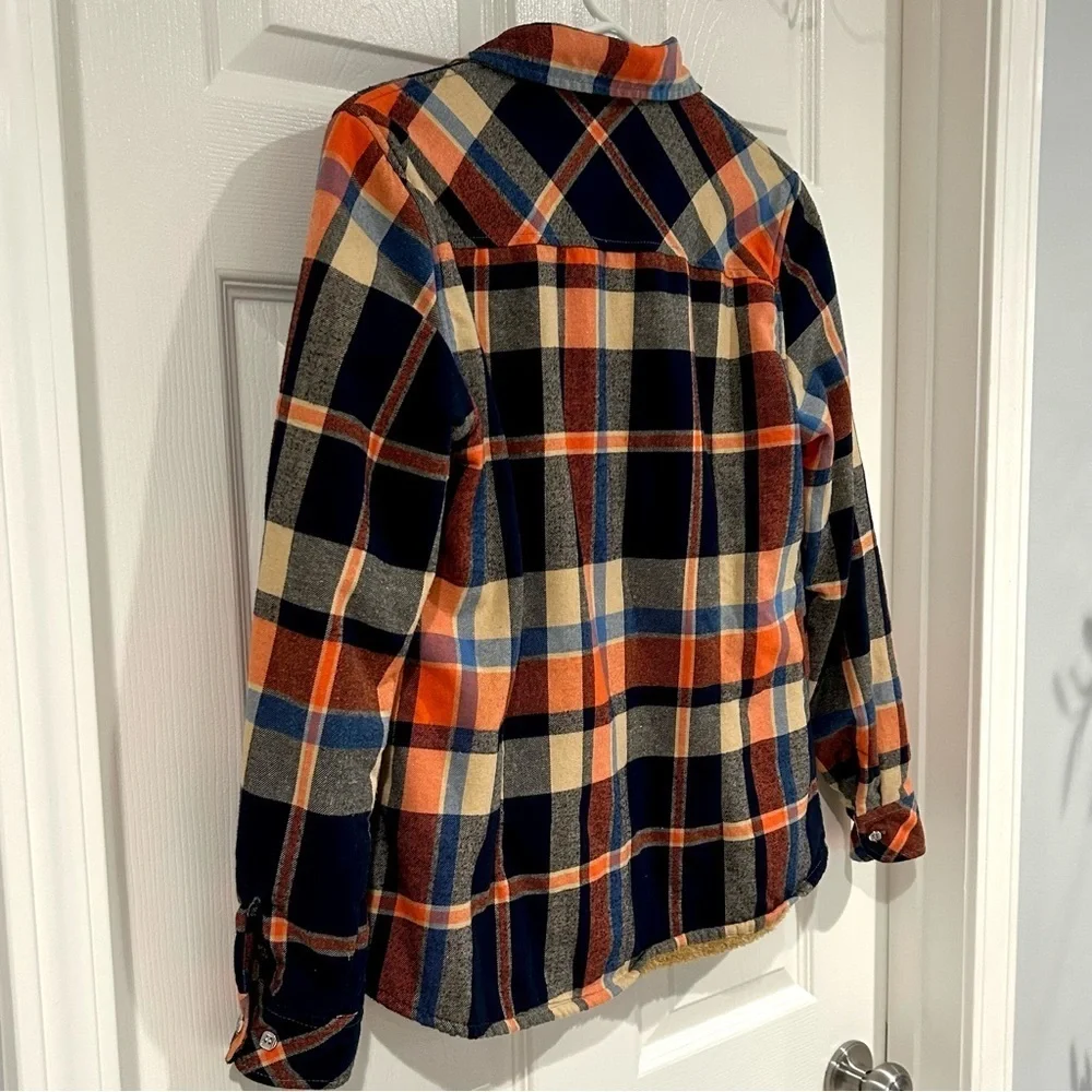 Boys Plaid Flannel Fleece Jacket Sz XXL Button Up Warm Collar Blue Tan Orange